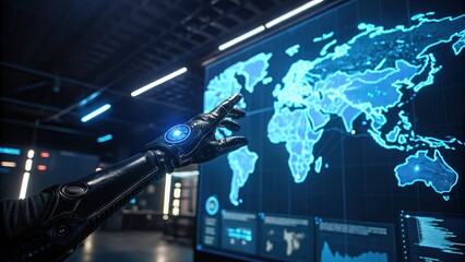 Digital Earth: An advanced digital interface displays a world map. A metallic hand points interactively at a map projection, symbolizing connectivity, technology, and global interaction