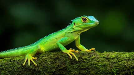 A bright green lizard resting on a moss covered branch