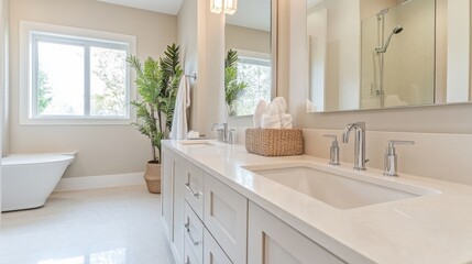 Fototapeta premium 4.A contemporary bathroom interior with a large, frameless mirror hanging near a light beige wall, with clean lines and modern bathroom elements like a floating vanity and a chrome faucet, evoking