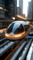 Futuristic solar-powered transportation concept innovative transport system in urban environment aerial viewpoint energy efficiency focus