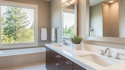 Fototapeta premium 4.A contemporary bathroom interior with a large, frameless mirror hanging near a light beige wall, with clean lines and modern bathroom elements like a floating vanity and a chrome faucet, evoking