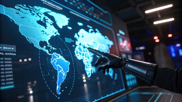 World Data Analysis: A futuristic scene depicts a robotic arm interacting with a large, interactive screen displaying a world map, showcasing data analysis and technological advancements. - Powered by Adobe