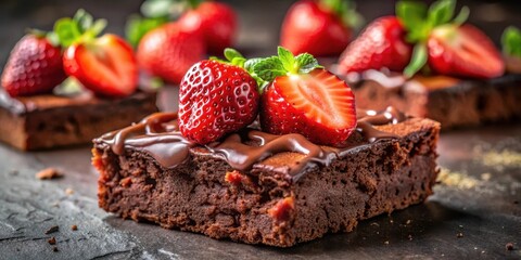Close-up of a decadent chocolate brownie topped with fresh strawberries