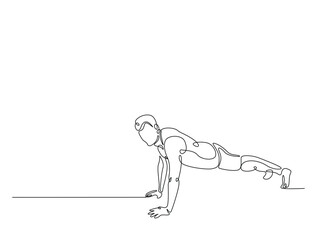 Continuous line art drawing of man doing push up illustration. Fitness activity concept in one line drawing vector design. Editable stroke.