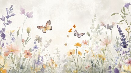 101.An elegant, luxury floral wallpaper design in watercolor, featuring wildflowers, butterflies, and delicate golden textures. The detailed line art and soft watercolor hues of blush, lavender, and