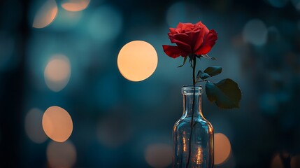 Red Rose in Glass Bottle with Bokeh Lights Background Still Life