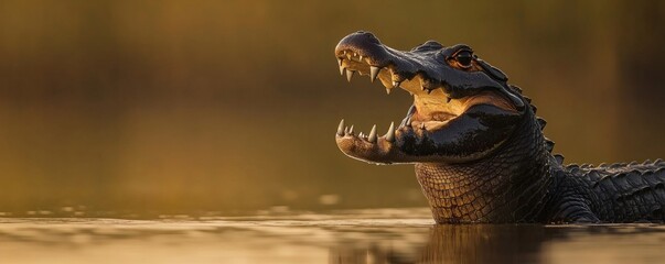 An alligator with open jaws is swimming in the water