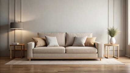 sofa bed in living room with soft cushions and neutral colors
