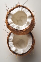 Fresh Whole Coconut Halved Showing Natural Texture of White Flesh and Brown Shell on Neutral Background Ideal for Culinary or Tropical Themes