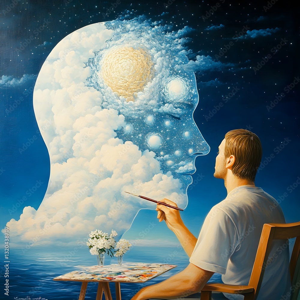 Wall mural a painter creating a self-portrait that constantly morphs into different artistic styles