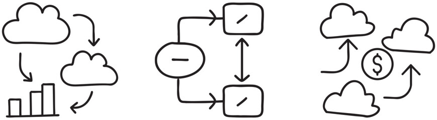 Cloud computing cost efficiency server concept, illustrated with diagrams and symbols for data flow and financial exchange.