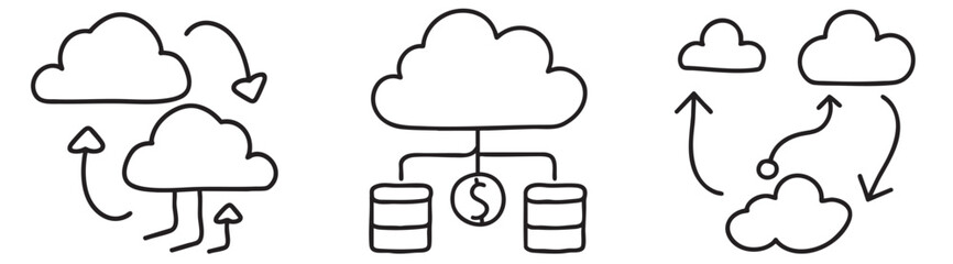 Cloud computing cost efficiency server concept. Icons illustrate data transfer and storage concepts.
