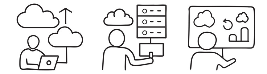 Cloud computing cost efficiency server concept. Illustrations showing data transfer and management.