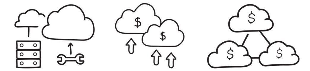 Cloud computing cost efficiency server concept, with data transfer and financial symbols illustrated in a simple design.