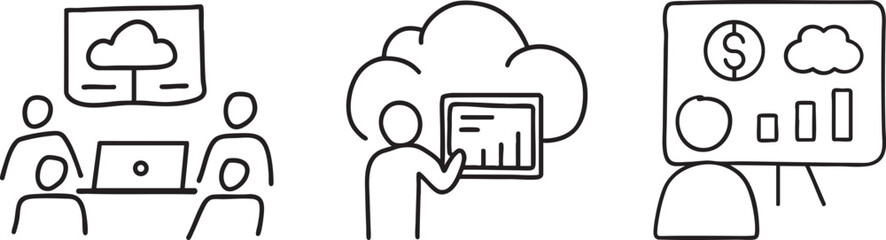 Cloud computing cost efficiency server concept. Collaboration and data presentation visuals in a minimalist style.