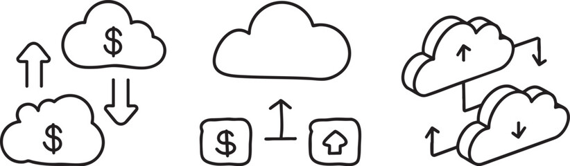 Cloud computing cost efficiency server concept. Illustrations with dollar signs representing data transfer.