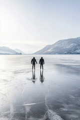 Two individuals ice skating on a frozen lake surrounded by snow-covered mountains under a clear blue sky, embodying winter's serene beauty and tranquility.