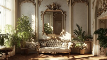 Fototapeta premium 31.Interior of Light Living Room with Comfortable Sofa, Houseplants, and Mirror Near Light Wall