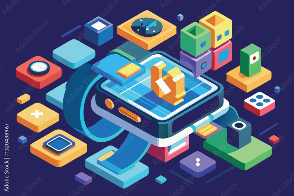 Poster a customizable smartwatch design featuring various colorful interface elements in an isometric view,