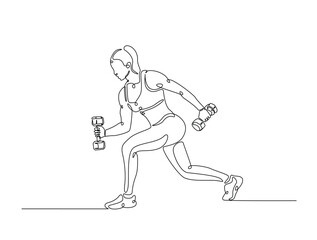 Obraz premium Continuous line art drawing of beautiful woman workout using barbell. woman training in sport gymnasium club center in one line drawing illustration. Editable stroke.