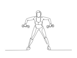 Continuous line art drawing of beautiful woman workout using barbell. woman training in sport gymnasium club center in one line drawing illustration. Editable stroke.