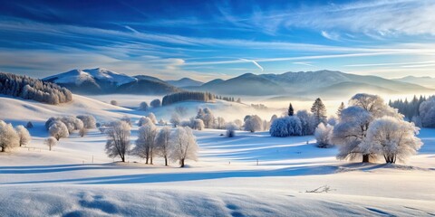 Frozen landscape with snow-covered hills and trees,wintry landscape,