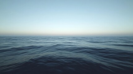 Obraz premium 47.A peaceful, expansive horizontal view of a calm blue ocean under a cloudless sky at sunset, with extreme long exposure capturing the smooth, blurred motion of the sea, enhancing the tranquility of