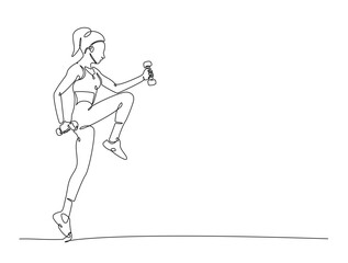 Continuous line art drawing of beautiful woman workout using barbell. woman training in sport gymnasium club center in one line drawing illustration. Editable stroke.