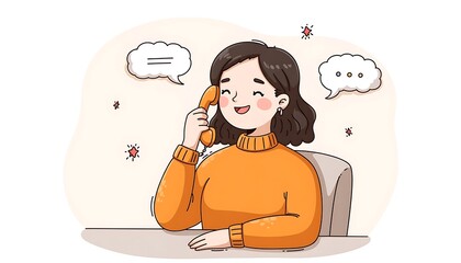 Woman Cartoon Illustration Talking on Phone with Speech Bubbles