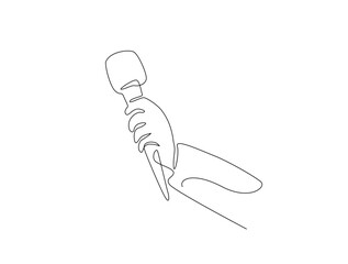Continuous line art drawing of hand holding microphone. Hand holds mic in one line drawing illustration. Editable stroke.