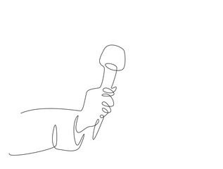 Continuous line art drawing of hand holding microphone. Hand holds mic in one line drawing illustration. Editable stroke.