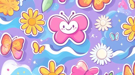 109.Y2K Stickers Set with Butterflies, Daisies, Waves, and Smiles