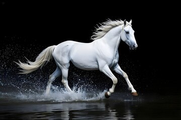 A magnificent white horse charging gracefully against a stark, dramatic black backdrop