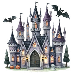 Obraz premium Haunted house concept. A spooky castle with gothic architecture, illuminated windows, bats flying around, and pumpkins at the entrance, creating a Halloween-themed atmosphere.