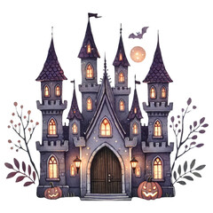 Haunted house concept. A whimsical, haunted castle adorned with pumpkins, bat silhouettes, and glowing windows, perfect for Halloween-themed decor.
