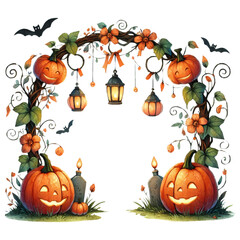 Haunted house concept. A whimsical Halloween arch featuring carved pumpkins, flowers, bats, and hanging lanterns, perfect for festive decorations.