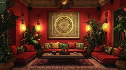 A boutique hotel lounge with artistic statement lighting and luxurious seating.