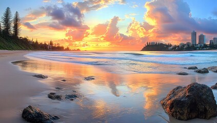 Sunrise beach panorama with city skyline reflection
