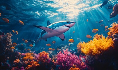 Fototapeta premium a shark swimming in a vibrant coral reef filled with marine life.