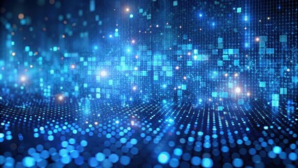 Digital pixels arranged in abstract blue sorting background with small glowing particles scattered randomly , Digital Art, Glowing Particles