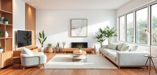 Serene white living room with wooden accents, abstract art, plants, and soft rug, space, minimalist decor