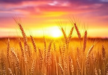 Fototapeta premium Golden Wheat Field at Sunset with Dramatic Clouds and Warm Colors Reflecting Nature's Beauty in a Peaceful Landscape Scene