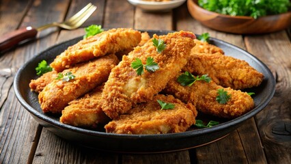 Juicy breaded chicken tenders sizzling on a plate, emitting savory aromas and enticing flavors
