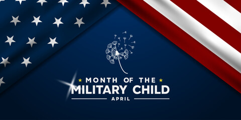 April Is Month Of The Military Child. America flag and dandelion. Great for cards, banners, posters, social media and more. Blue background.