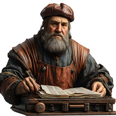 3D Render of Medieval Scribe Writing in Book, Isolated on Transparent Background