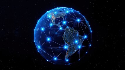Obraz premium Our Interconnected World, A Vibrant Network Of Glowing Nodes Connecting Continents In A Cosmic Dark Blue Backdrop