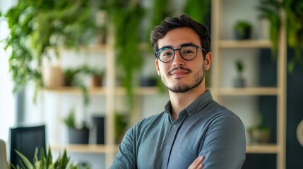 Confident young man smiling in contemporary office with green plants and shelves