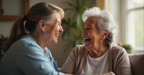 Adult woman caregiver and senior woman laughing together. Healthcare concept.