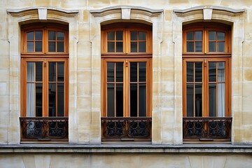 Fototapeta premium Three arched windows in a beige stone building.