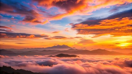 Fototapeta premium Soft pink hues and gentle orange tones of sunrise sky with clouds and mountains in the background, sunrise, dawn